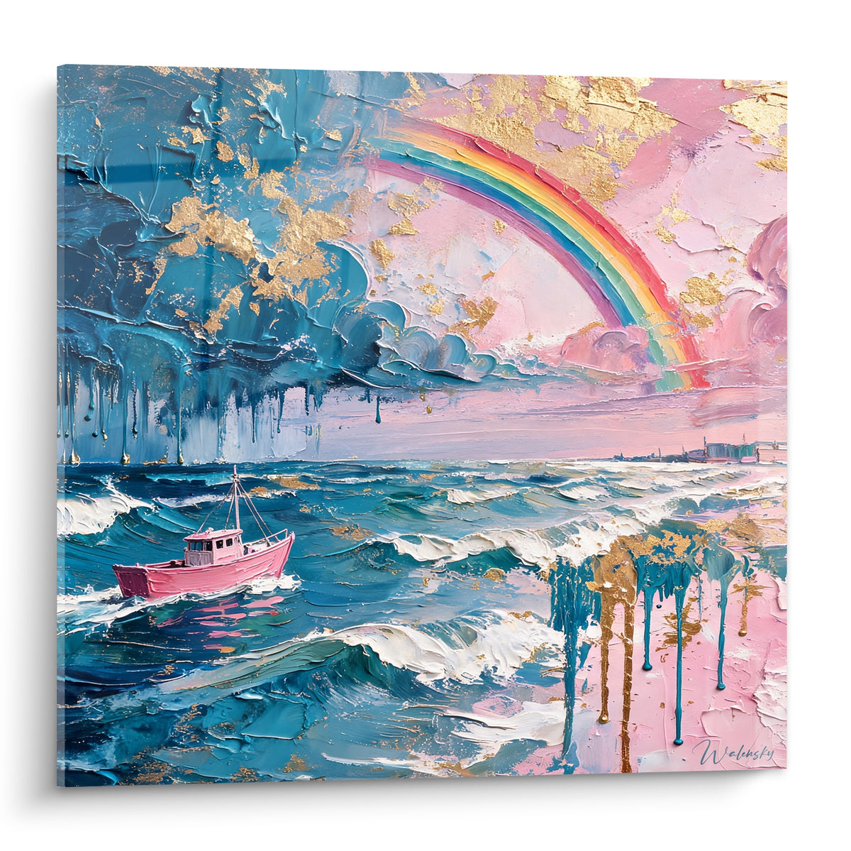 Bateau rose traversant des vagues turquoise sous un arc-en-ciel doré et ciel rose, peinture texturée
