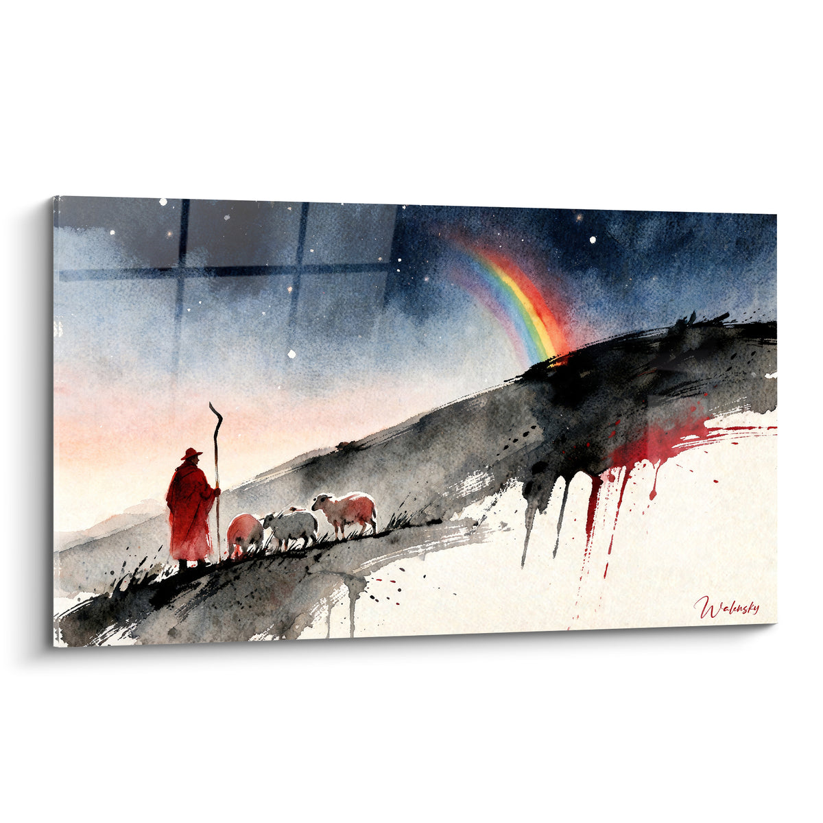 Berger en rouge et moutons blancs gravissant une crête anthracite sous un arc en ciel bleu marine étoilé
