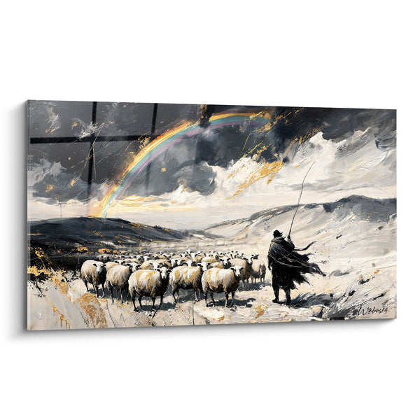 Tableau Troupeau de moutons blancs et gris sous collines - Berger au bâton - Edition Arc en ciel