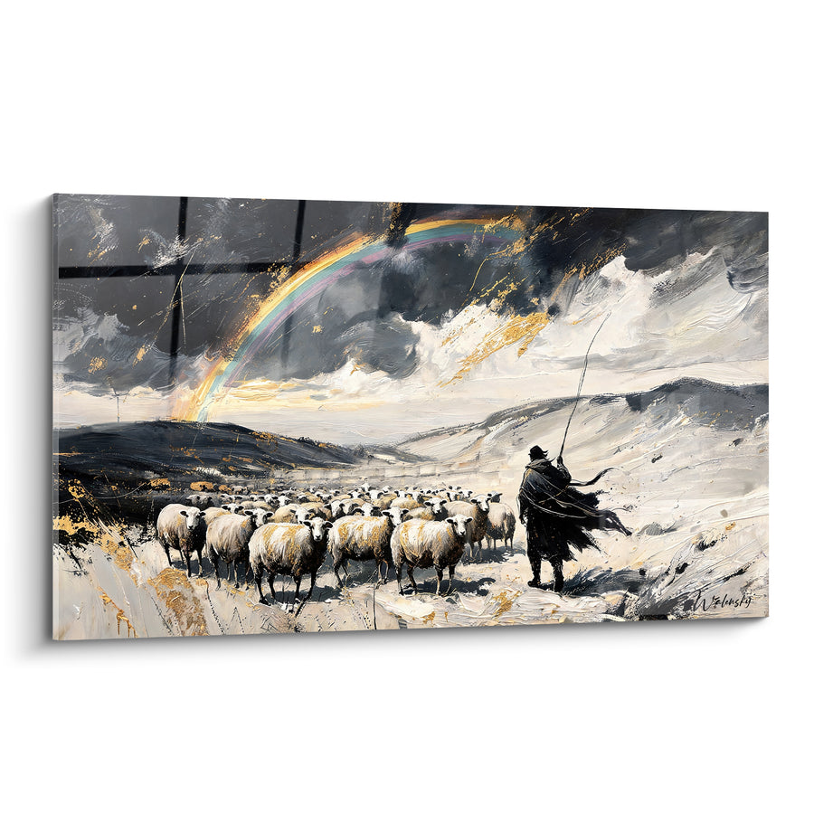 Tableau Troupeau de moutons blancs et gris sous collines - Berger au bâton - Edition Arc en ciel