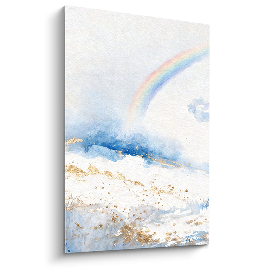 Tableau Arc-en-ciel bleu et doré sur nuage aquarelle - Éclaircie céleste - Edition Arc en ciel
