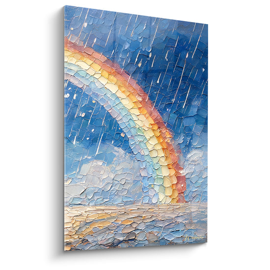 Tableau Pluie fine bleue et dorée sur horizon - Averse continue en filaments - Edition Arc en ciel