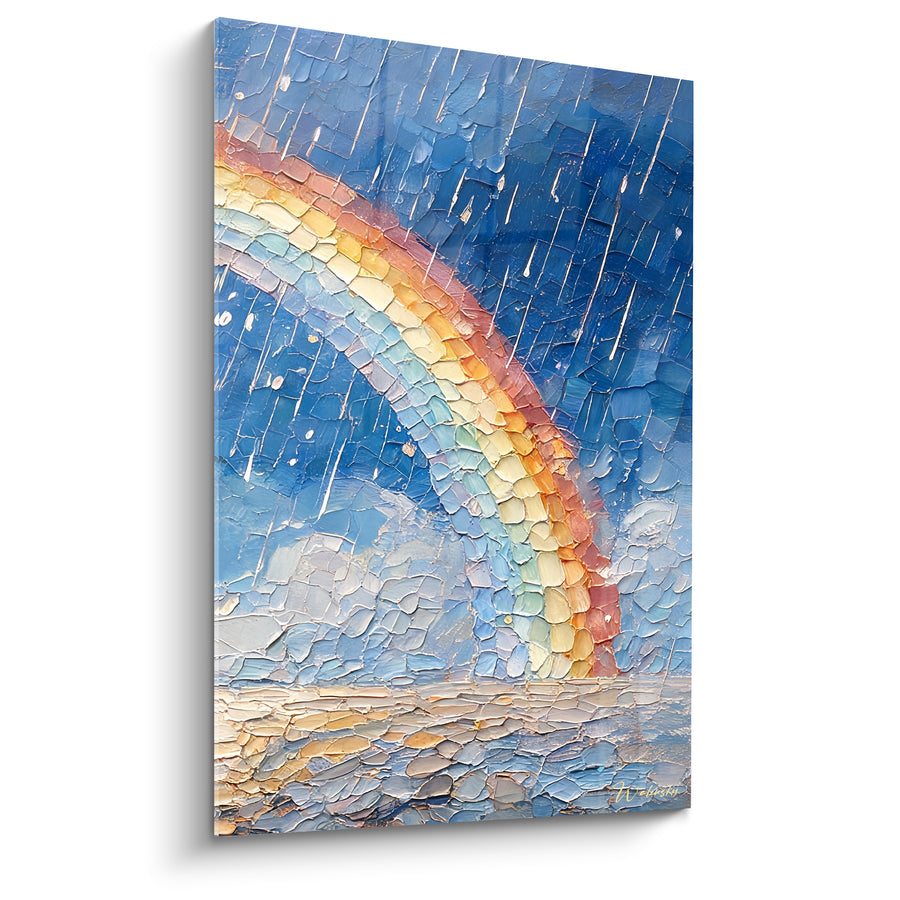 Tableau Pluie fine bleue et dorée sur horizon - Averse continue en filaments - Edition Arc en ciel