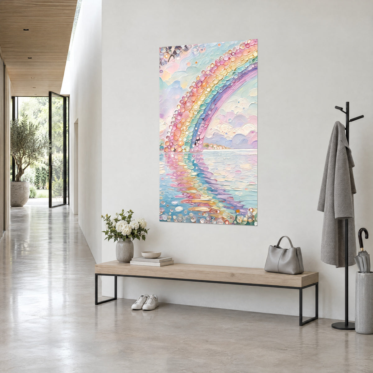 Wall art pastel arch of orange and lilac pearled bubbles, pink and blue water mirror, three-quarter view in an entrance hallway