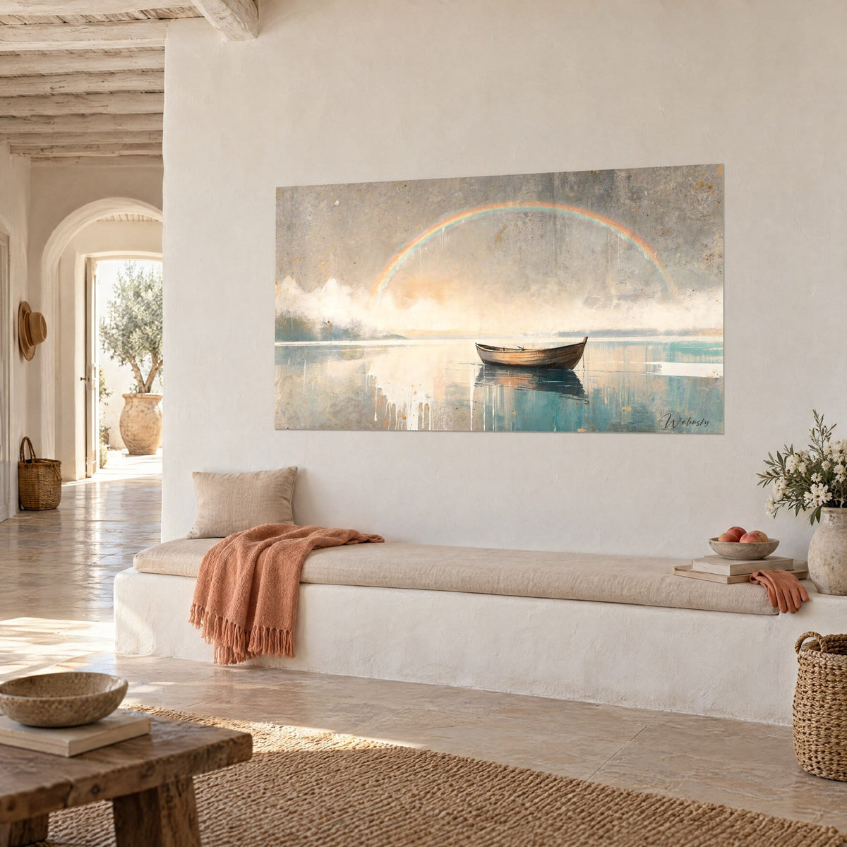 Tableau esquif solitaire flottant sur un lac gris-bleu, arc rose et ocre dans le ciel, vue de trois-quarts, banquette blanche et plaid corail