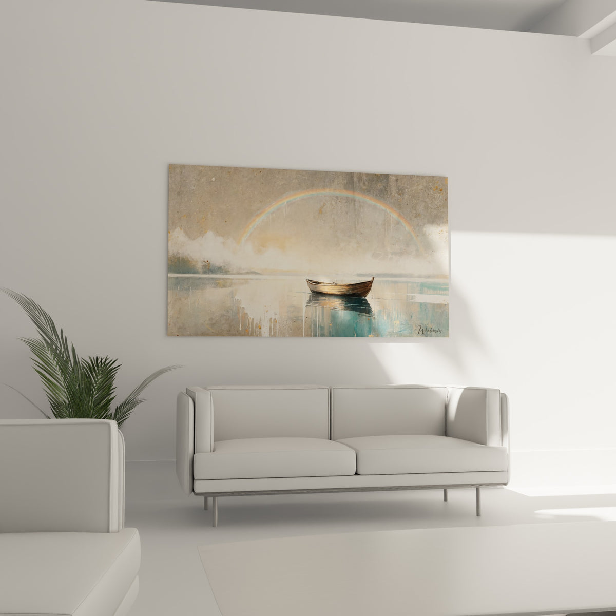 Reflets turquoise et coulures anthracite d'une scène de lac paisible, au-dessus d'un canapé dans un salon lumineux