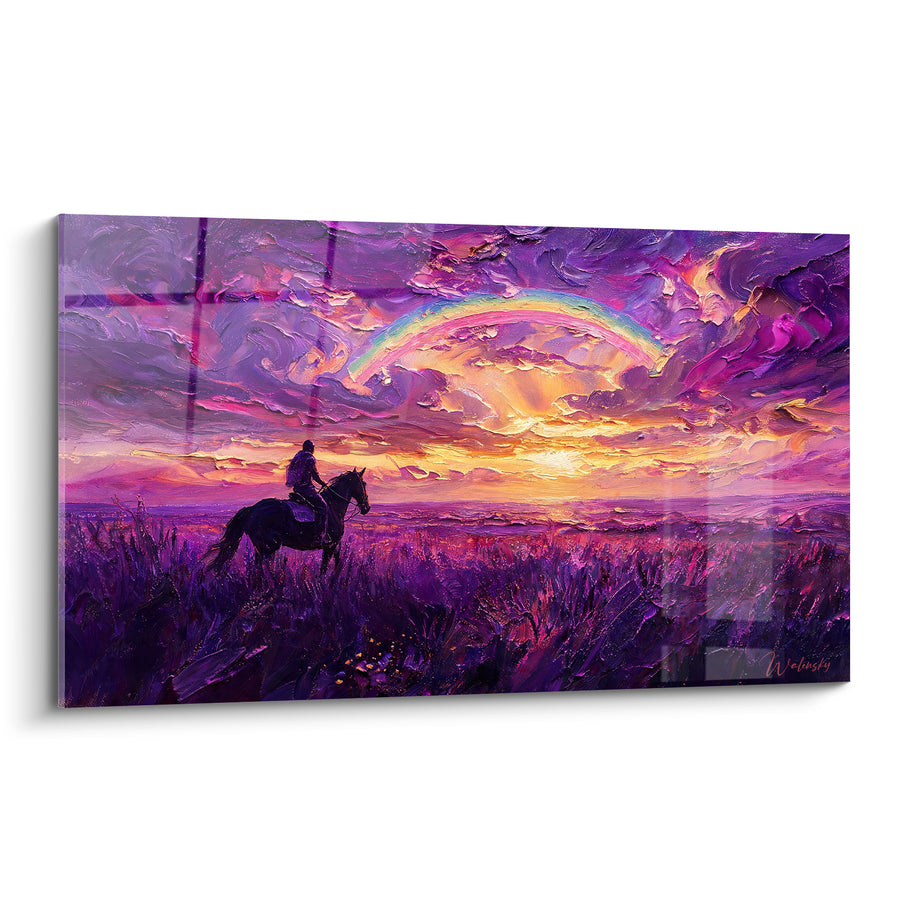 Tableau Cavalier violet doré sous ciel embrasé - Chevauchée vers l'horizon - Edition Arc en ciel