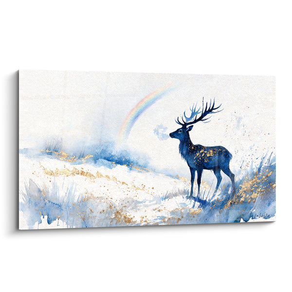 Tableau Cerf bleu marine et doré sous un arc-en-ciel - Souffle hivernal - Edition Arc en ciel