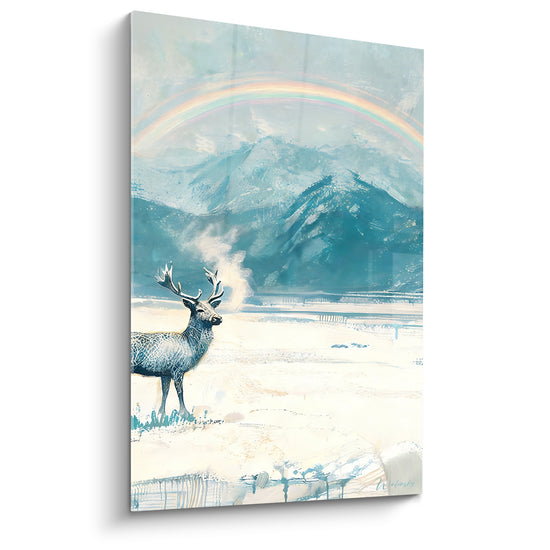 Tableau Cerf bleu et blanc au souffle vaporeux - Montagnes enneigées silencieuses - Edition Arc en ciel