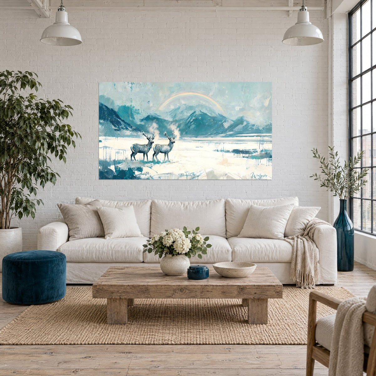 Tableau deux cerfs aux bois fins, pelage bleu et blanc fissuré, sous un arc-en-ciel pastel, au-dessus d'un canapé dans un salon lumineux