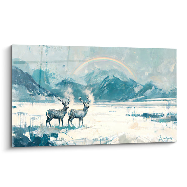 Tableau Cerfs bleu et blanc sous montagnes enneigées - Veille silencieuse - Edition Arc en ciel