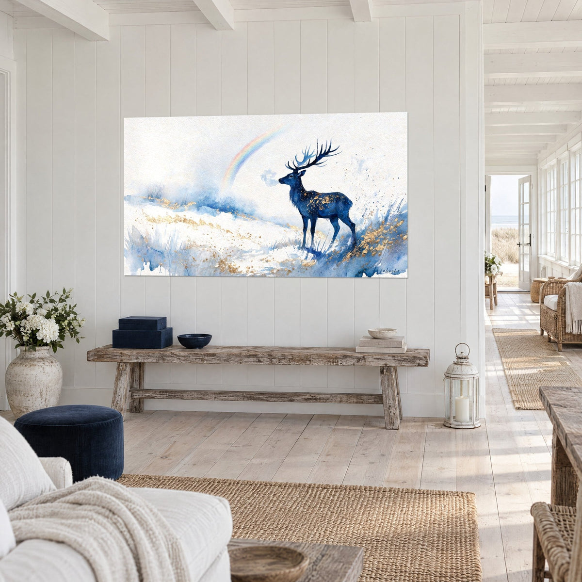 Quadro cervo indaco che esala una nuvola di vapore su un pendio innevato punteggiato d'oro, in una casa sul mare