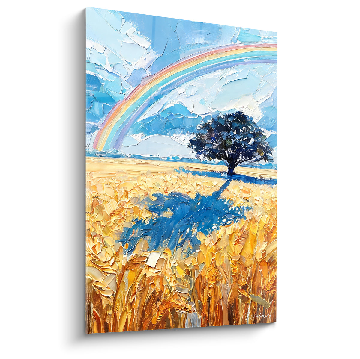 Champ de blé doré sous un arc-en-ciel bleu et rose, arbre solitaire, peinture texturée au couteau