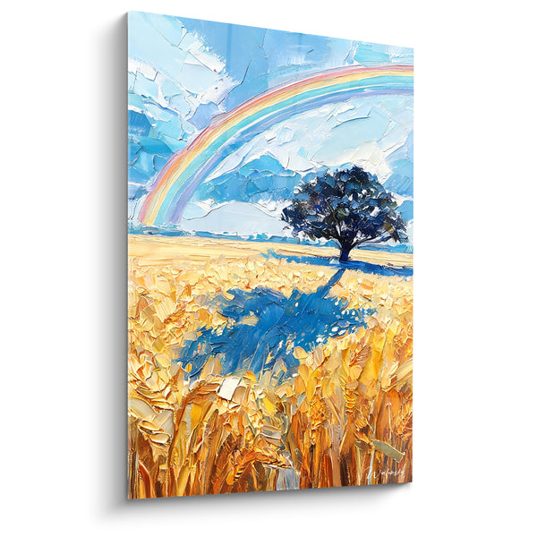 Tableau Champ de blé doré et bleu ombre portée d'un chêne - Épis texturés au vent - Edition Arc en ciel