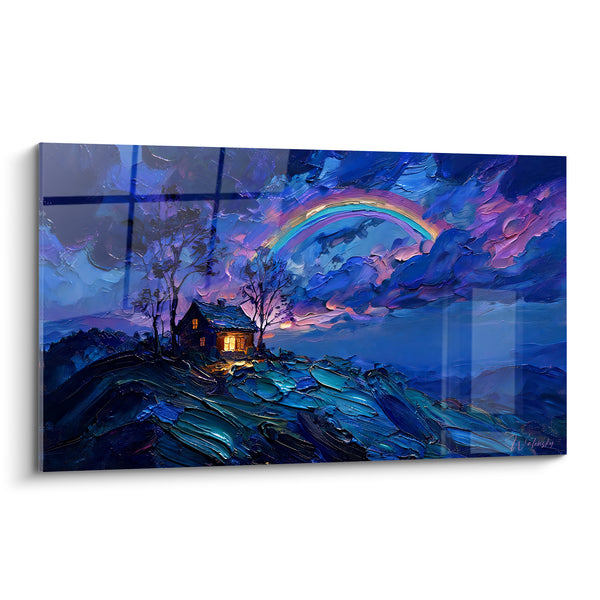 Tableau Chaumière bleu nuit aux fenêtres dorées - Refuge sous l'orage - Edition Arc en ciel