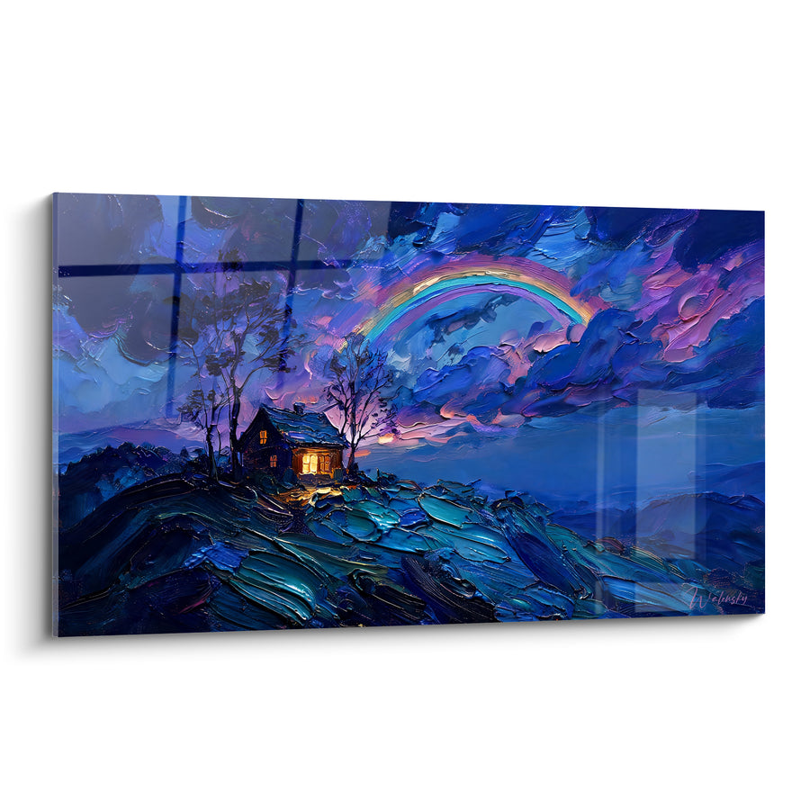 Tableau Chaumière bleu nuit aux fenêtres dorées - Refuge sous l'orage - Edition Arc en ciel