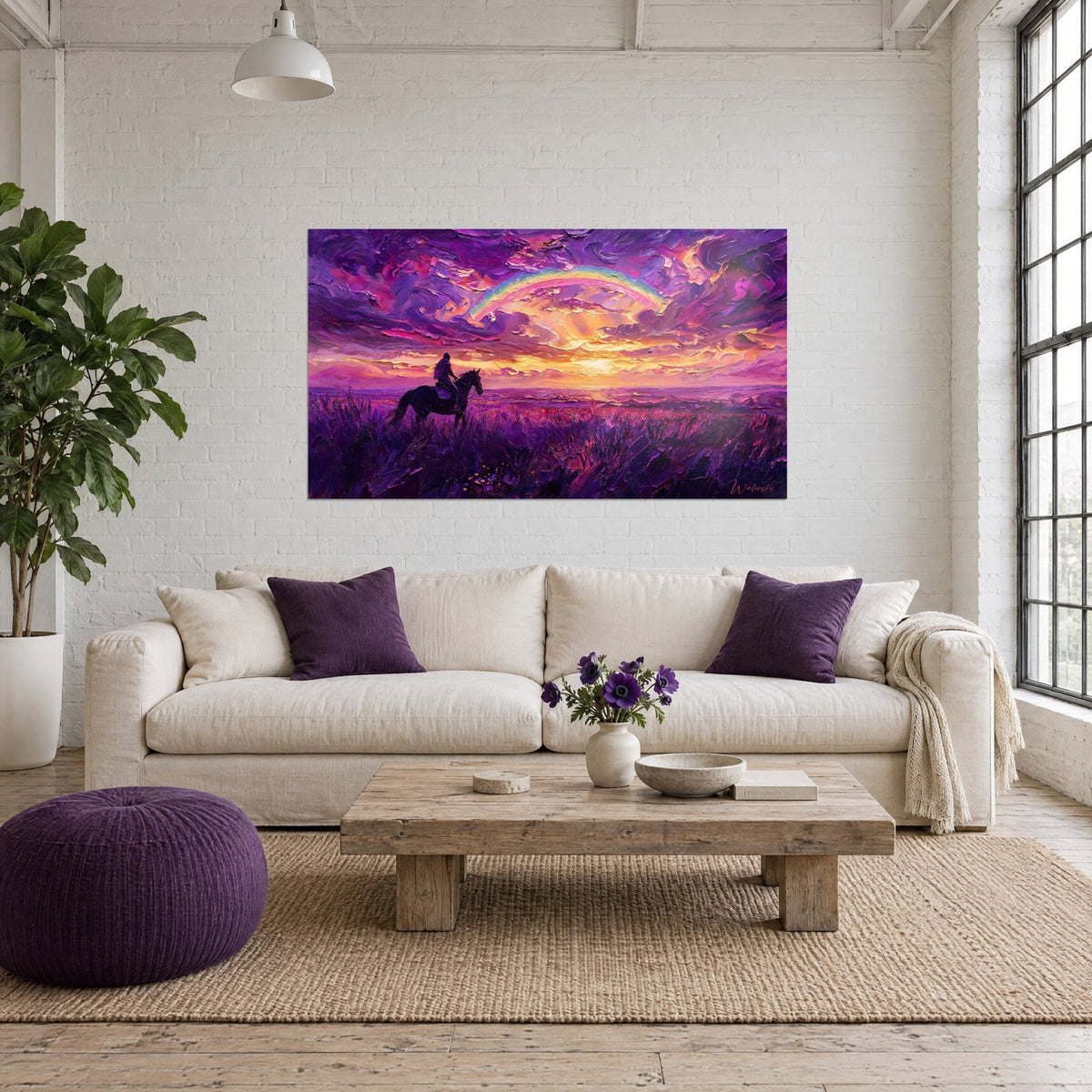 Quadro cavaliere controluce che attraversa un campo di lavanda, cielo viola e oro, arcobaleno, sopra un divano in un soggiorno luminoso