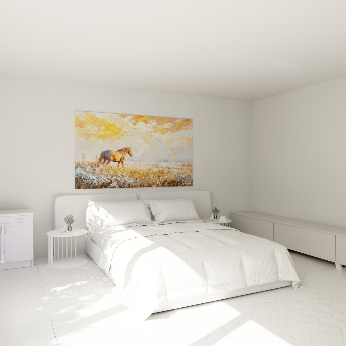 Cheval doré et vapeur blanche sous un arc-en-ciel, au-dessus d'un lit dans une chambre claire.