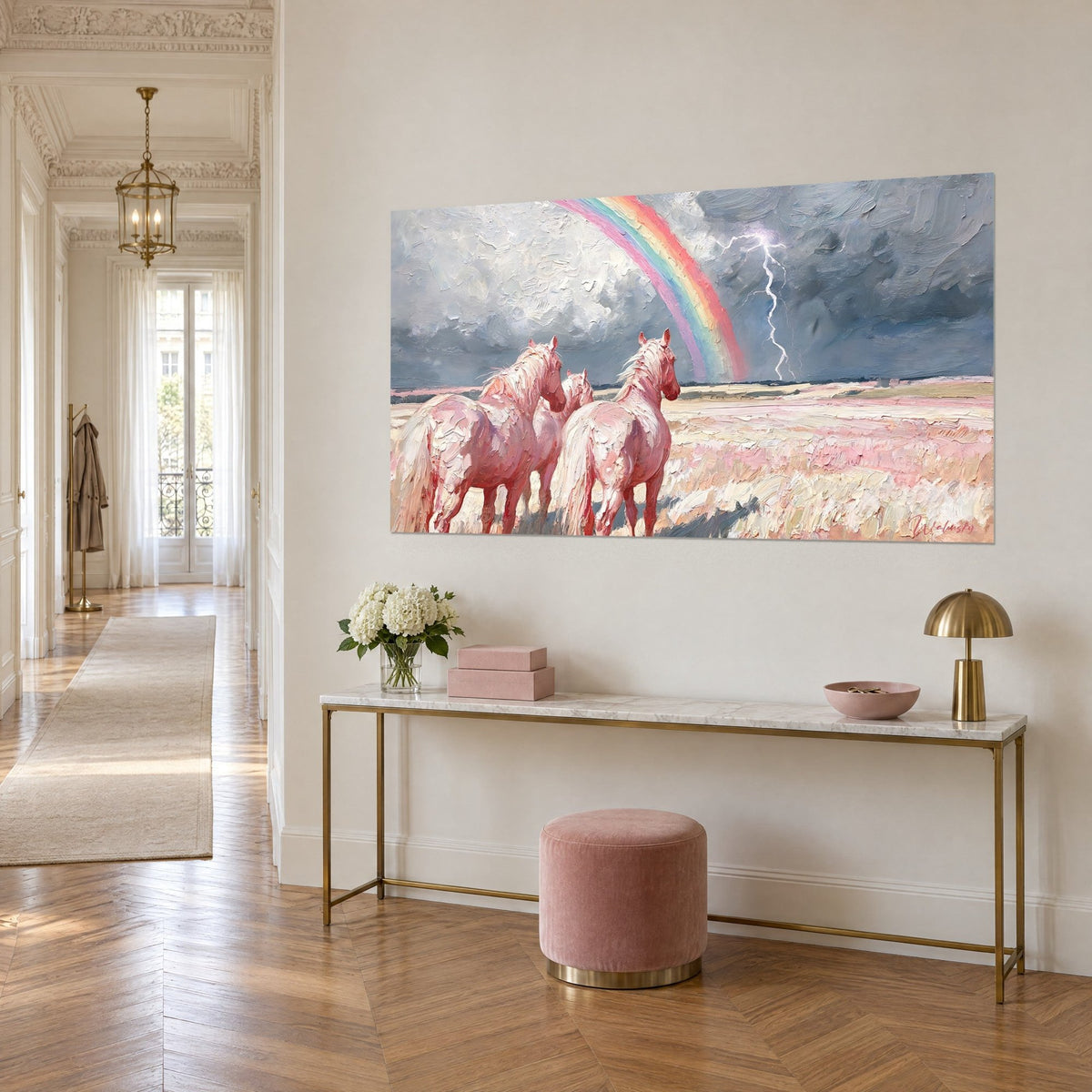 Wall art pink ponies seen from behind in a cream field, stormy grey sky and rainbow, above a gilded console in the entryway