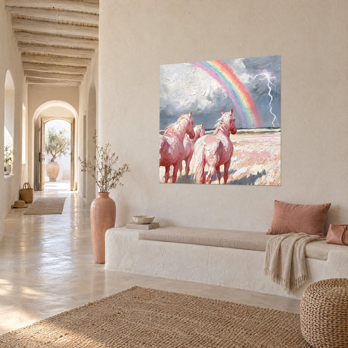 Gemälde drei korallenrosa Pferde in einer beigen Ebene, Regenbogen und schiefergrauer Gewittersturm, gewölbter Flur eines mediterranen Hauses