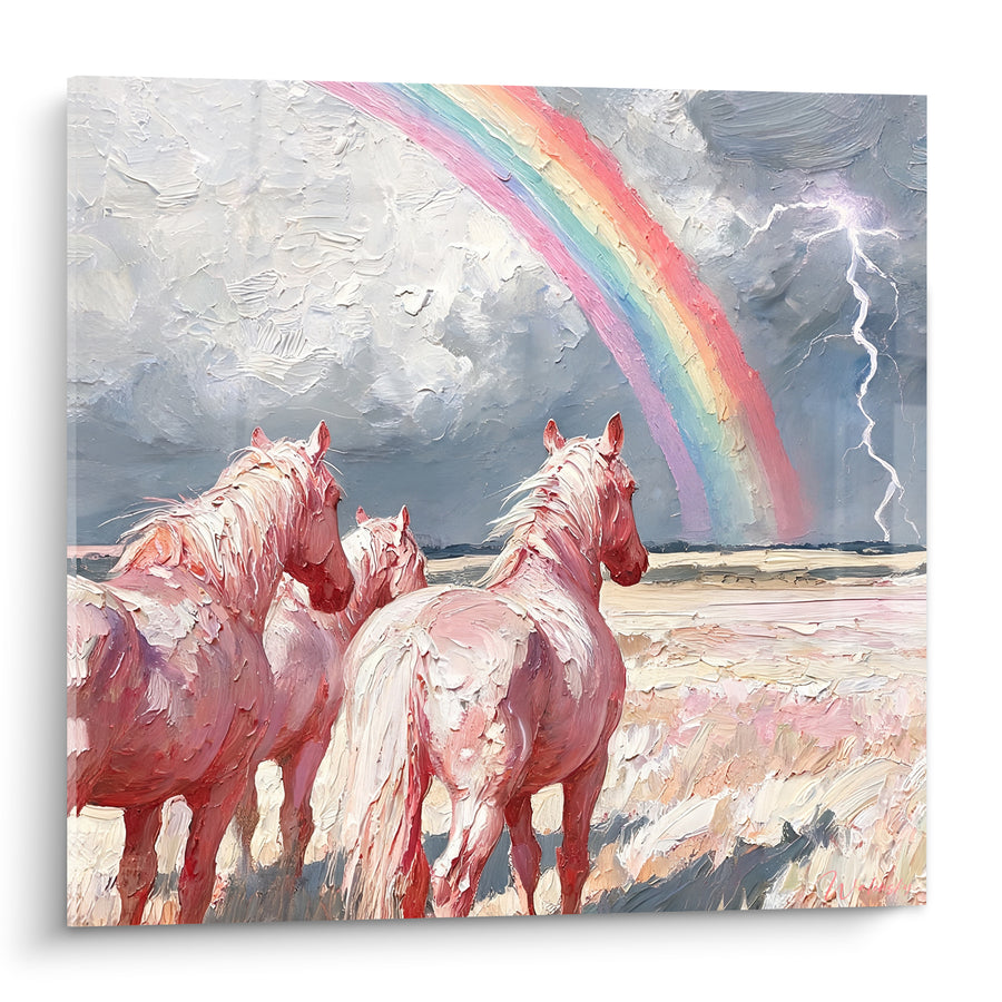 Tableau Chevaux roses sous ciel orageux et éclair - Éclat après l'orage - Edition Arc en ciel