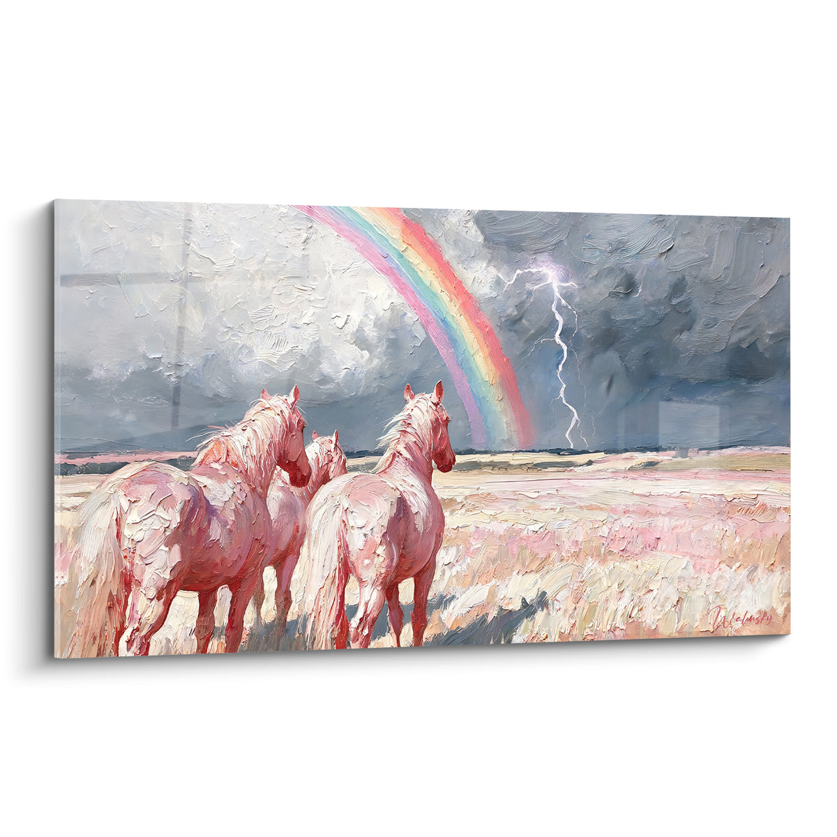 Chevaux roses de dos face à un arc-en-ciel éclatant sur ciel gris anthracite orageux