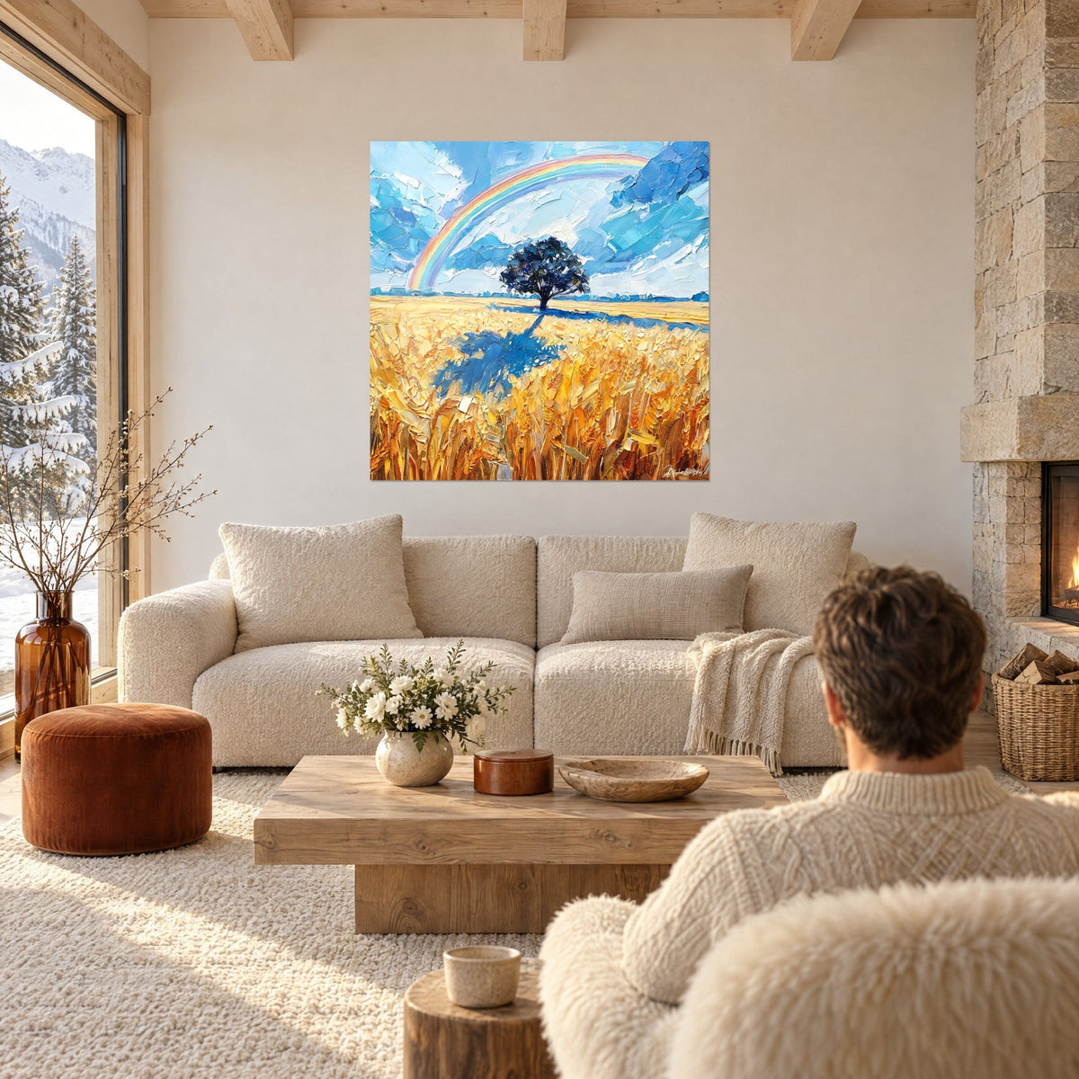 Cuadro roble solitario bajo un arcoíris pastel, trigo dorado y cielo azur, sobre un sofá en un salón luminoso