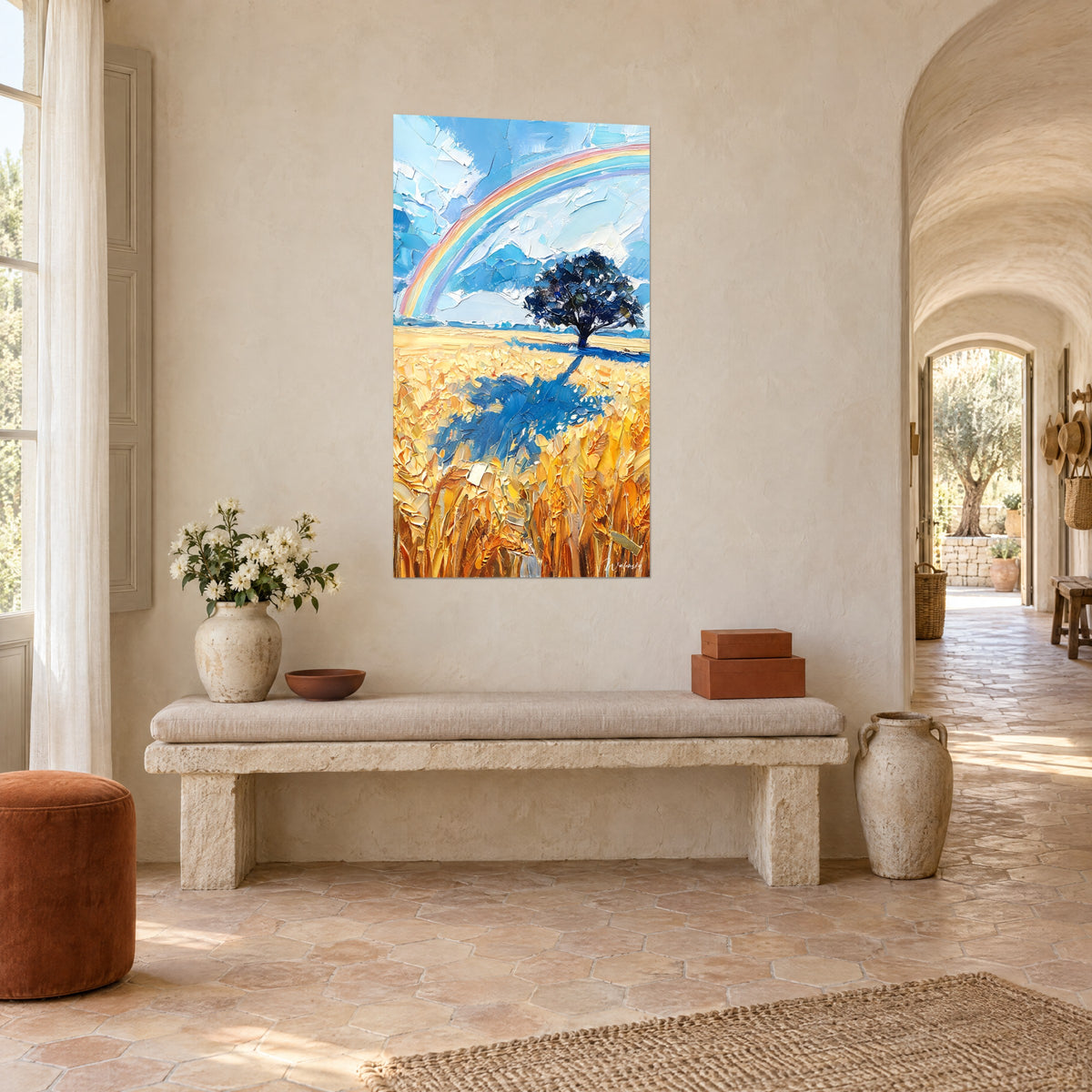 Tableau chêne sombre au milieu des épis ocre et jaune, ciel bleu glacier en empâtements, mas provençal en trois-quarts