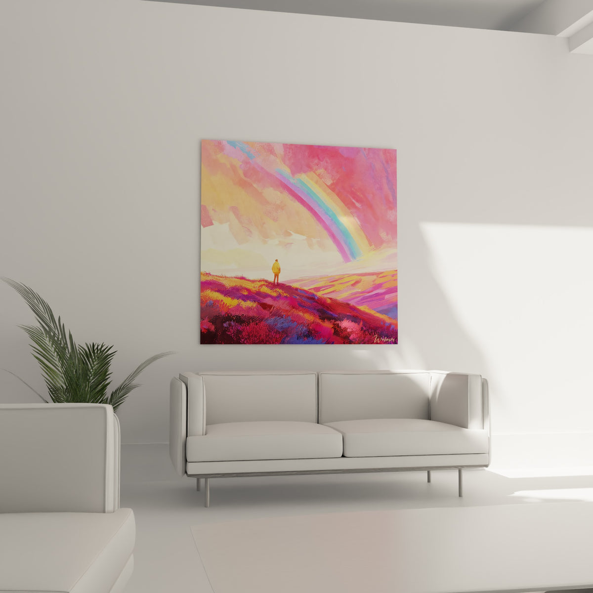 Personnage solitaire devant un ciel rose et bleu, tableau accroché au-dessus d'un canapé dans un salon lumineux