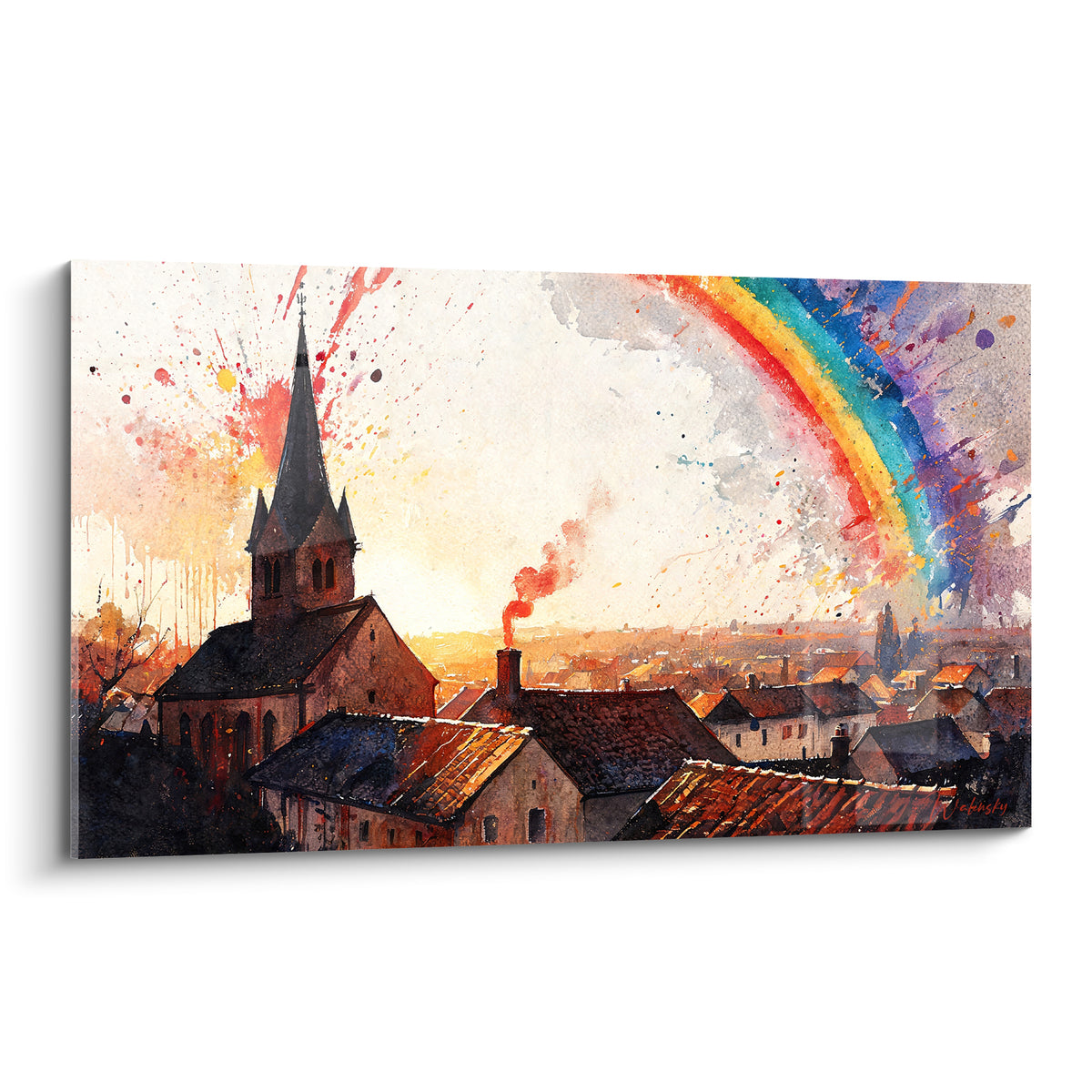 Clocher de village en aquarelle avec toits ocre et arc-en-ciel bleu, rouge et turquoise éclatant