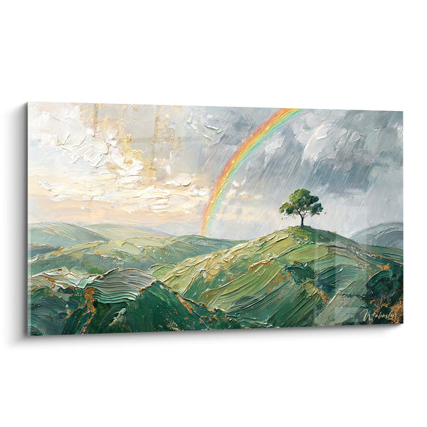 Tableau Colline verte et dorée sous pluie fine - Arbre isolé au sommet - Edition Arc en ciel
