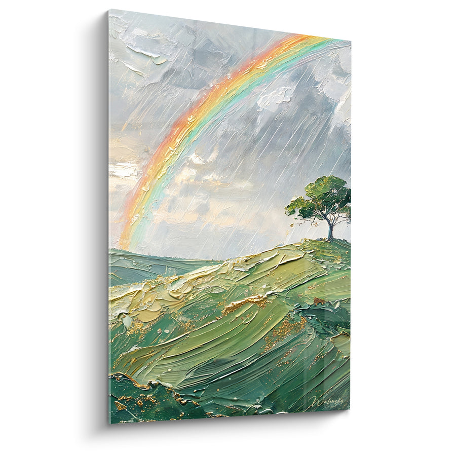 Tableau Colline verte et grise sous pluie battante - Arbre isolé au sommet - Edition Arc en ciel