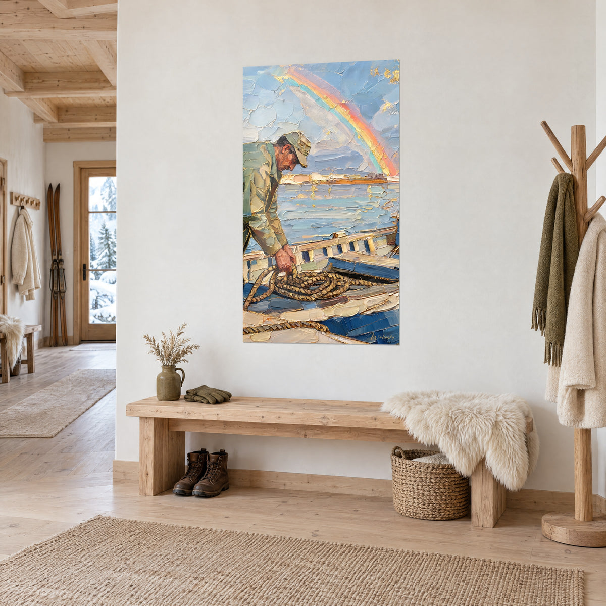 Tableau marin penché sur un cordage brun près d'une barque bleu marine, arc-en-ciel et lac pâle, sur un mur blanc de chalet