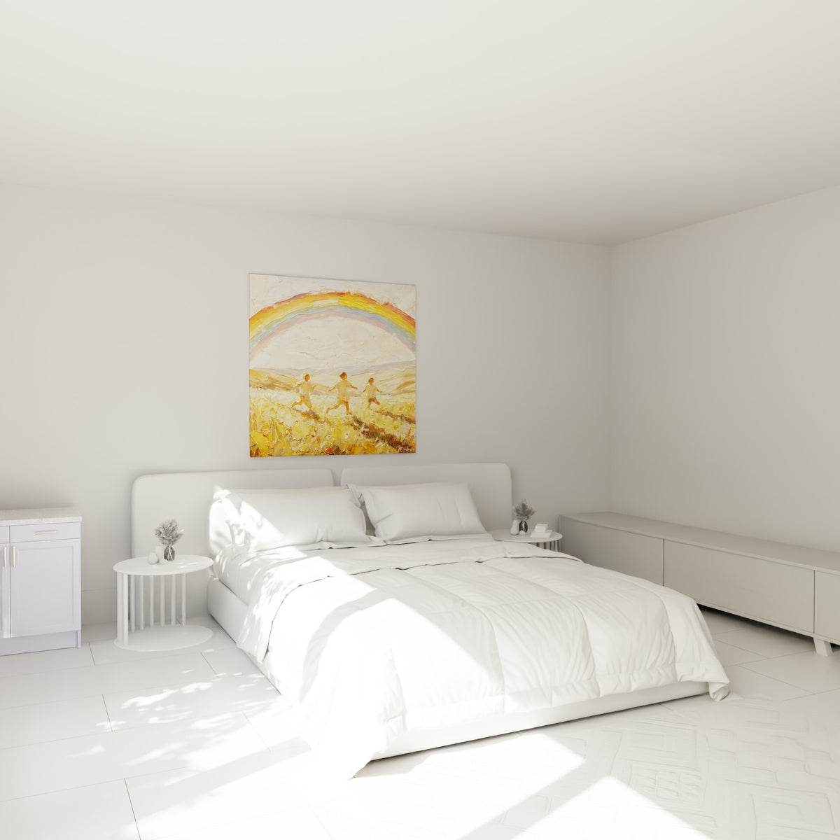Enfants filant dans un champ doré sous un arc pastel, au-dessus d'un lit dans une chambre claire
