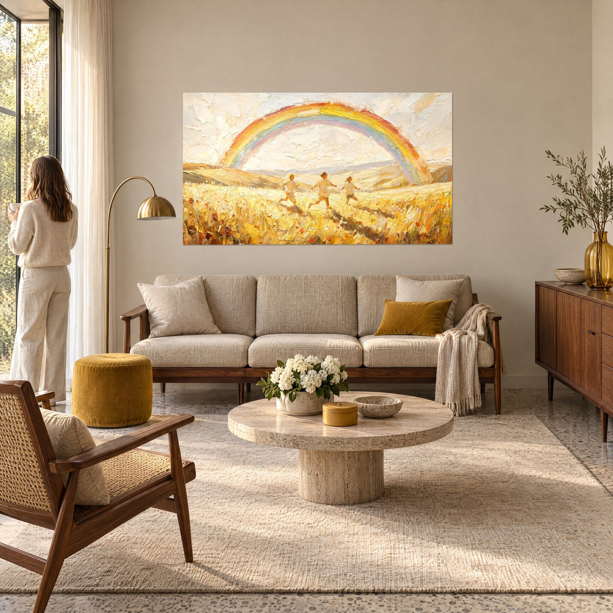 Gemälde Regenbogen in Pastellfarben über goldenem Feld, drei rennende Kinder, Ocker und Creme, über einem Sofa in einem hellen Wohnzimmer