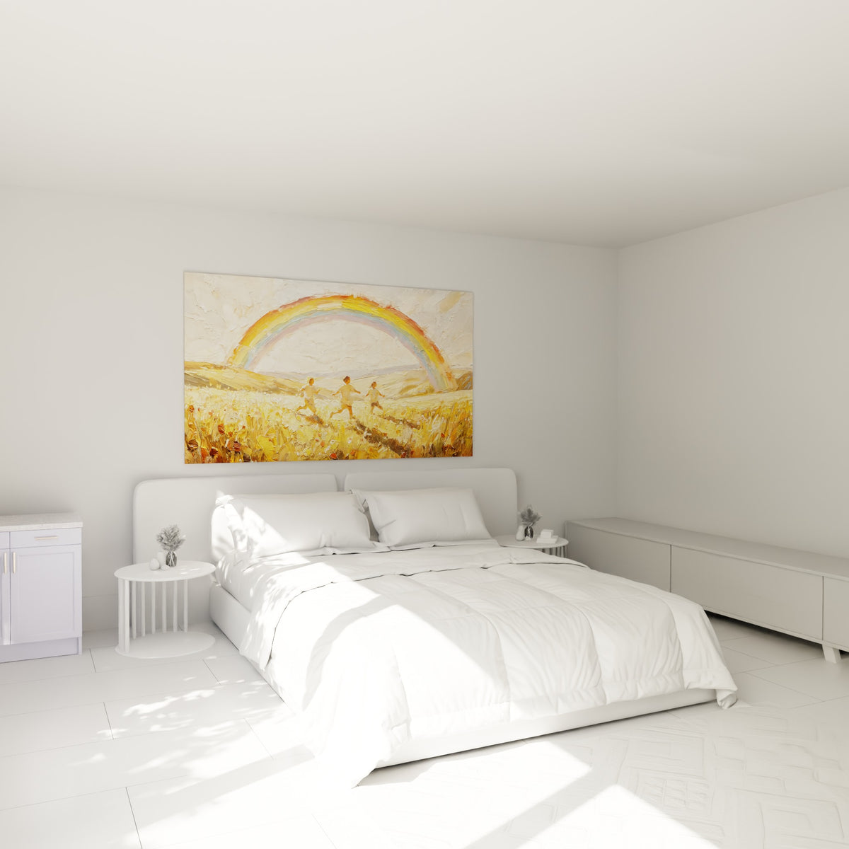 Enfants en course sous un Arc en ciel ocre et rouge, toile accrochée au-dessus d'un lit dans une chambre claire