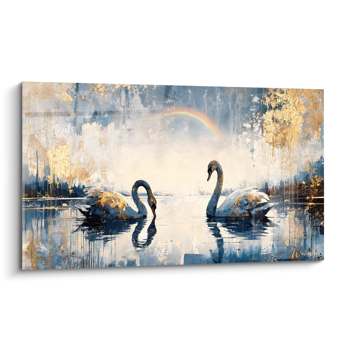 Cygnes blancs et dorés face à face sur un lac bleu marine sous un arc-en-ciel pastel