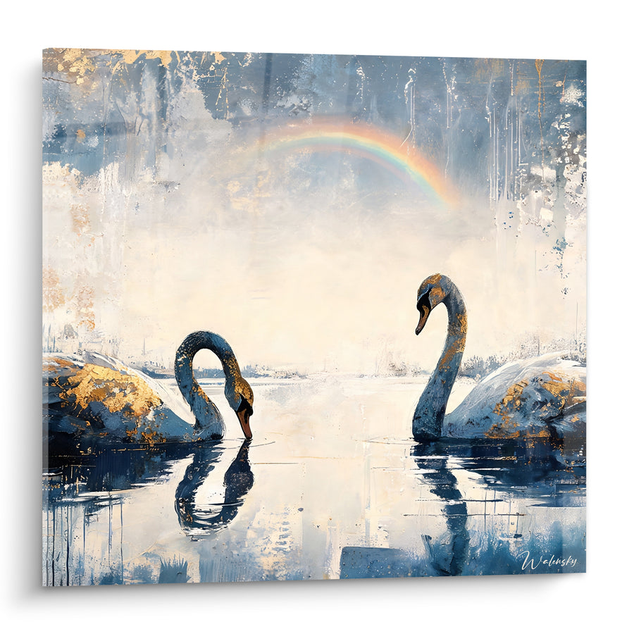 Tableau Cygnes dorés sur lac bleu pastel - Duo de grâce - Edition Arc en ciel
