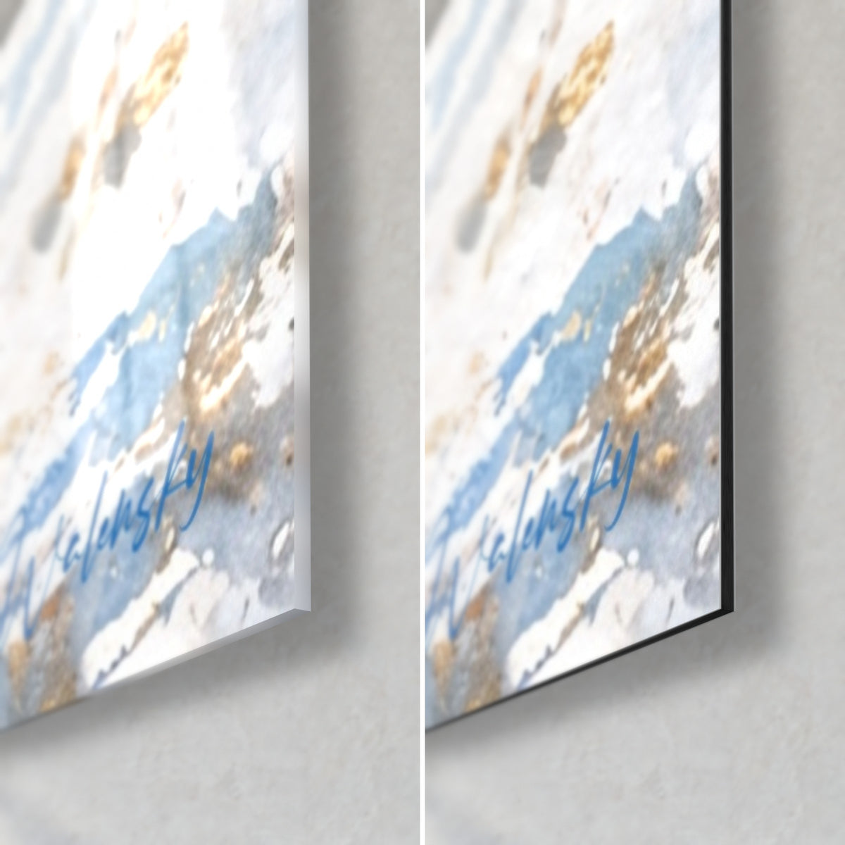 Tableau arc-en-ciel aquarelle, coin bas droit, verre brillant à gauche et Dibond mat à droite, bleu azur et paillettes dorées, tranche 3 mm