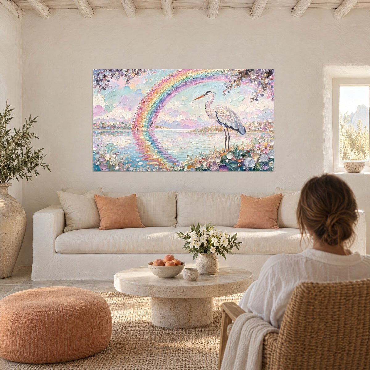 Wall art grey heron with a long orange beak beside a pastel rainbow in pink and turquoise, hung above a sofa in a bright living room
