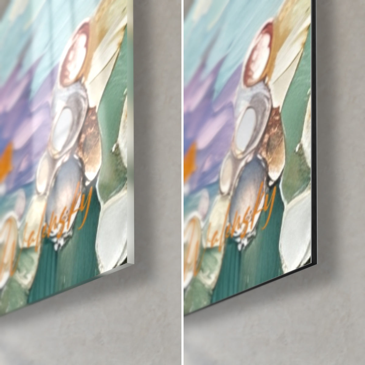 Wall art rainbow of turquoise and amber glass droplets, bottom right corner, glossy acrylic on the left, matte Dibond on the right