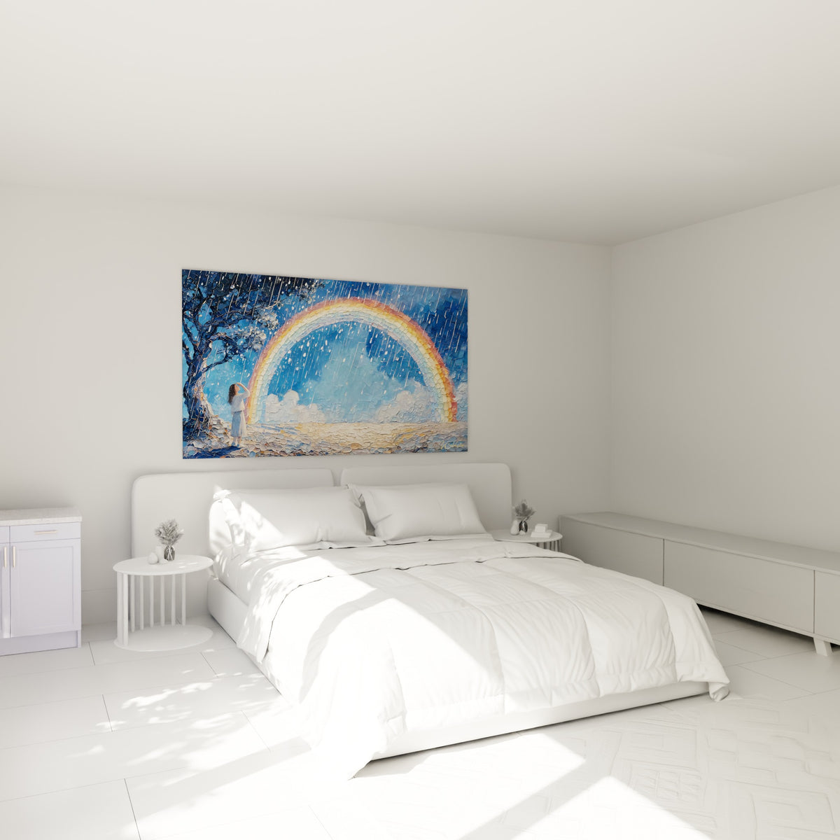 Silhouette levant les yeux vers un arc doré et bleu marine, œuvre accrochée au-dessus d'un lit dans une chambre claire