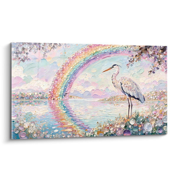 Tableau Héron cendré au bord d'un lac irisé - Promesse matinale - Edition Arc en ciel