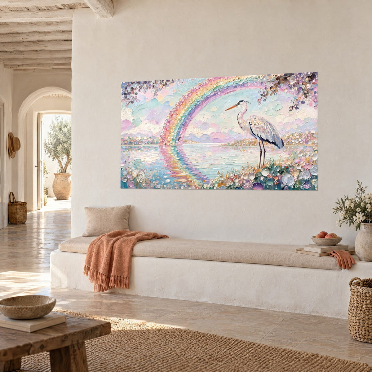 Wall art pearl-grey wading bird facing an iridescent lake, lavender and mint sky with rainbow reflections, on a whitewashed wall