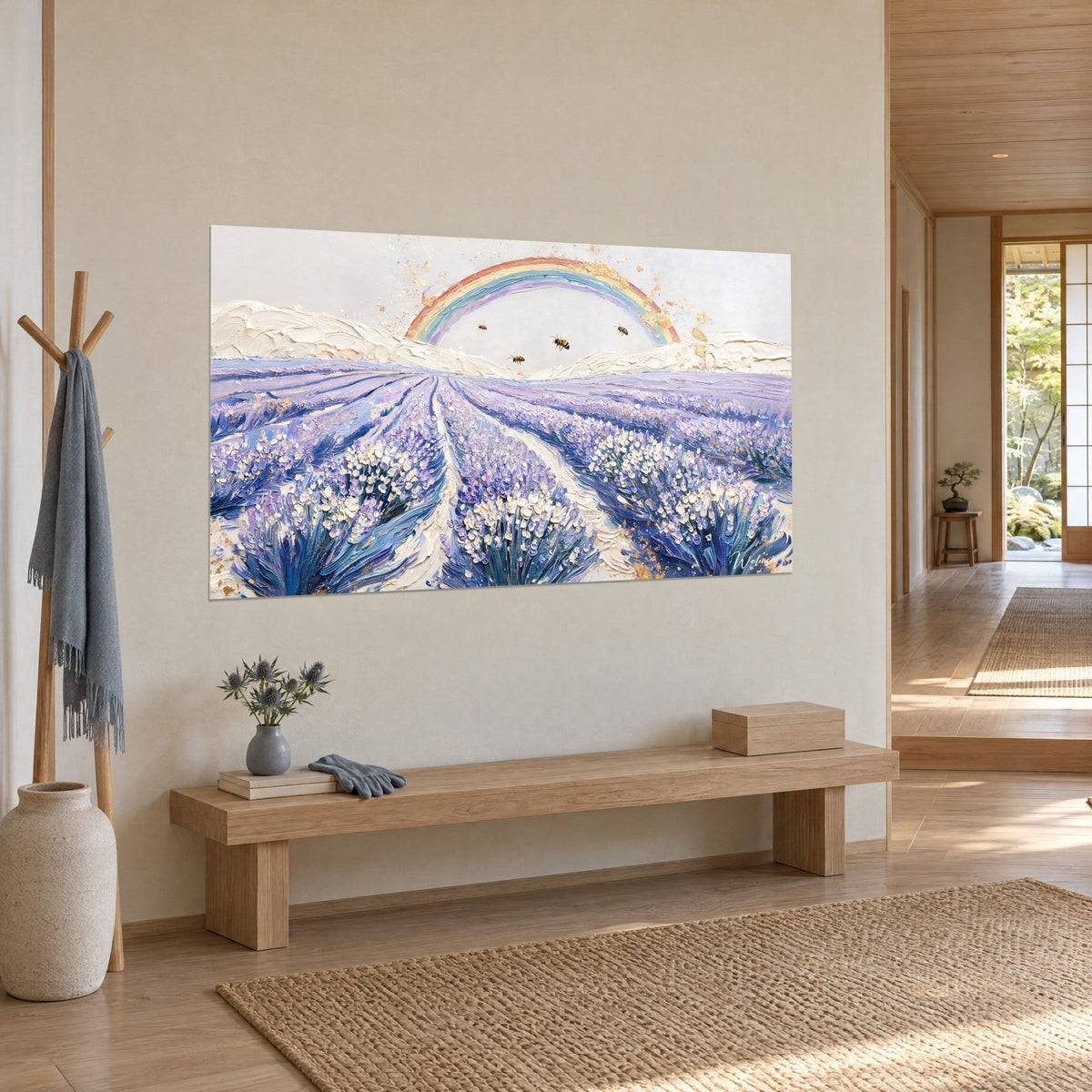 Quadro campo fiorito con solchi azzurro periwinkle che conducono a un arcobaleno pastello e api, vista di tre quarti in un corridoio japandi