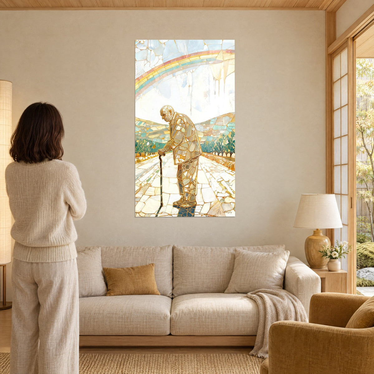 Quadro anziano dorato curvo appoggiato al suo bastone, arcobaleno pastello e colline turchese, sopra un divano in un soggiorno luminoso