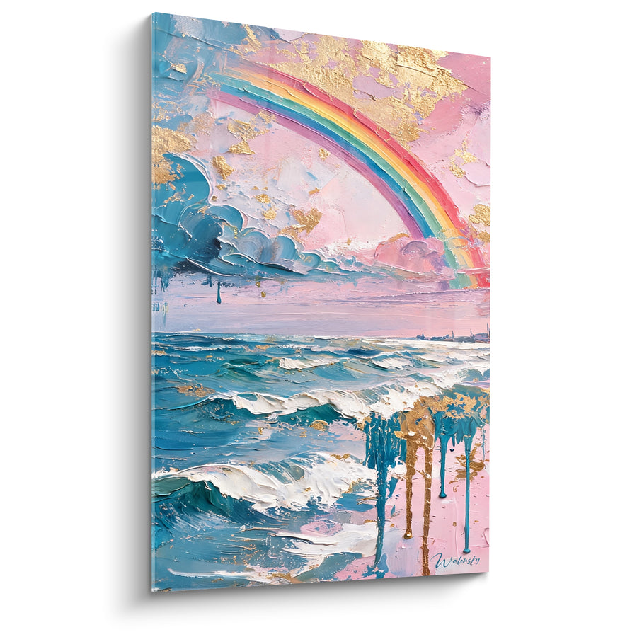 Tableau Vagues turquoise et roses aux coulures dorées - Écume blanche déferlante - Edition Arc en ciel