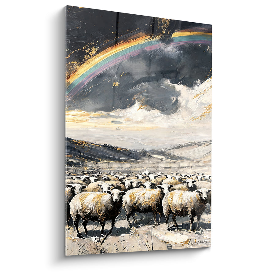 Tableau Troupeau de moutons sous ciel anthracite et doré - Accalmie sur la lande - Edition Arc en ciel