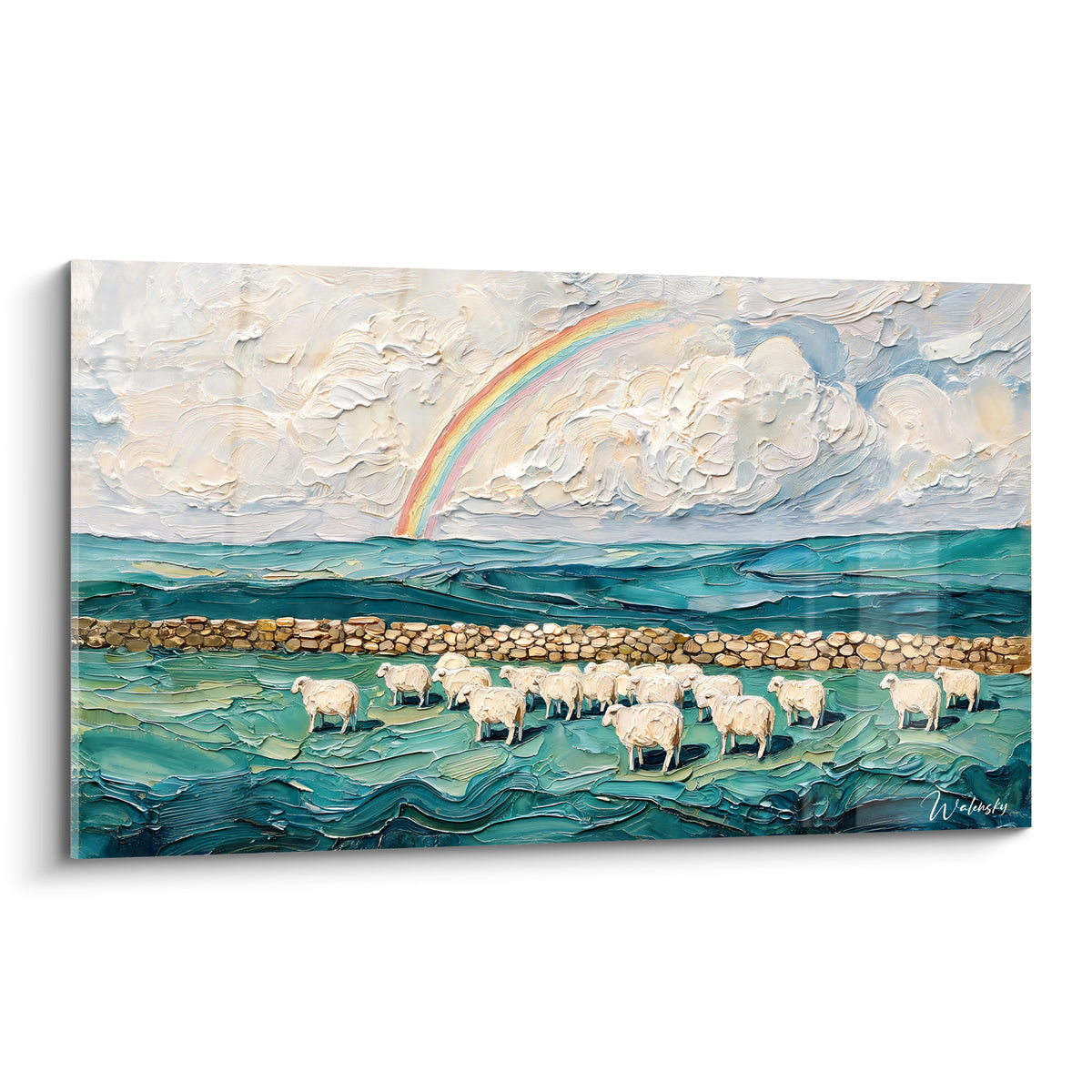 Moutons blancs paissant sous un arc-en-ciel rose et jaune, prairie turquoise et mur de pierres ocre