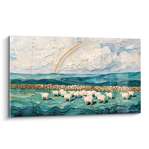 Tableau Moutons blancs dans prairie turquoise - Répit après l'averse - Edition Arc en ciel